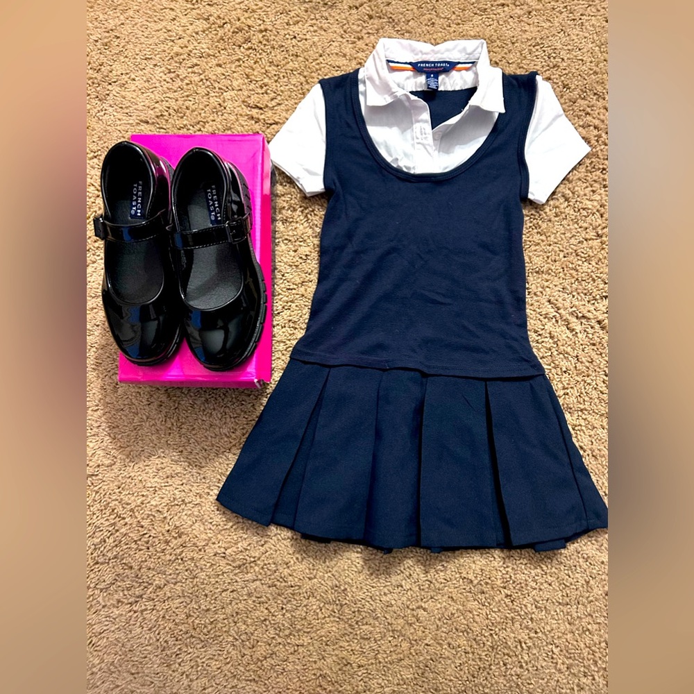 Little Girls French Toast School Uniform Dress & Shoes